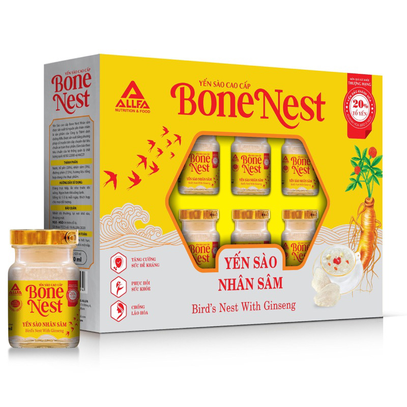 Yến sào cao cấp Bone nest nhân sâm lọ 70ml ( hộp 6 lọ - 20% Yến)